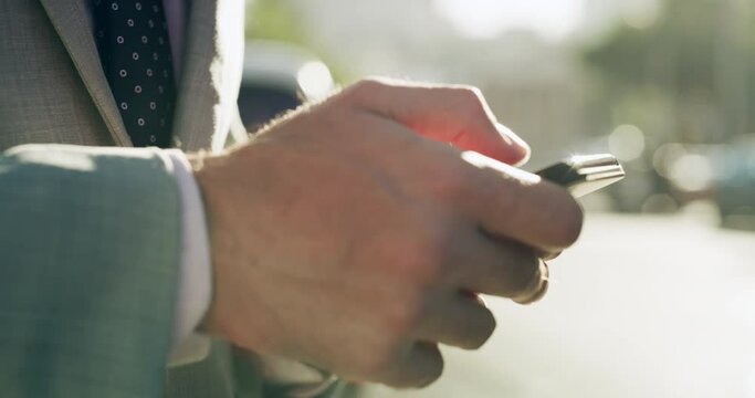 Phone, city hands and professional person typing, research and check taxi app website for morning transportation. Outdoor travel, mobile data and business traveler search online for urban transport