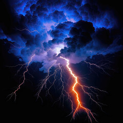 Lightning storm over city. Thunderbolt in a night city landscape.