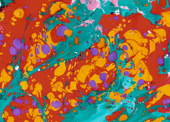 Marble hippie Acid pattern, ebru red and teal action painting, fluid paint texture