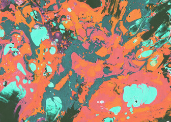 Ebru abstract liquid colourful background with splashes, marble paint fabric, fluid texture Pollock style,  marbling ink