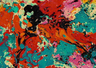 abstract marble paint background with red splashes, ebru liquid art background, action painting acid hippy tecnique