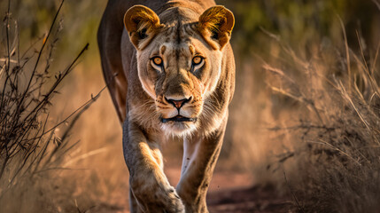 A majestic lioness on the prowl, her powerful presence commanding attention in the African wilderness, generative ai - obrazy, fototapety, plakaty