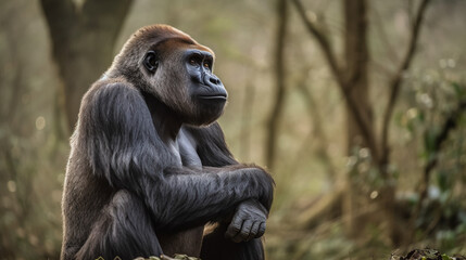 Obraz premium A majestic gorilla sitting in a contemplative pose, showcasing its intelligence and strength, generative ai
