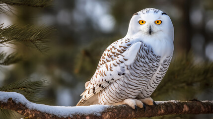 A majestic snowy owl perched on a tree branch, its piercing gaze captivating all who behold it, generative ai - obrazy, fototapety, plakaty
