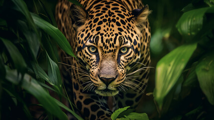 A majestic jaguar stealthily prowling through the dense jungle, its eyes fixed on its prey, generative ai
