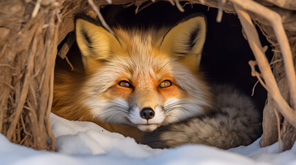 Fototapeta premium A charming red fox curled up cozily in a den, its fluffy tail wrapped around its body, generative ai