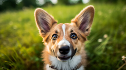 Fototapeta premium A cute pup with a wagging tail and a mischievous glint in its eyes, generative ai