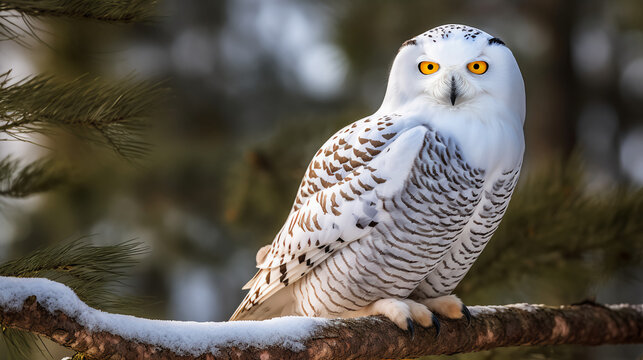A majestic snowy owl perched on a tree branch, its piercing gaze captivating all who behold it, generative ai