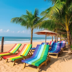 Obraz na płótnie Canvas Rainbow colored sunbeds stay on summer beach under palms and blue sky. Vacation concept on seascape background on afternoon. AI generative