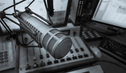Fototapeta na wymiar Professional microphone and sound mixer in radio studio