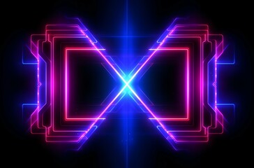 Technological and futuristic abstract neon light shapes on black background over, generative ai