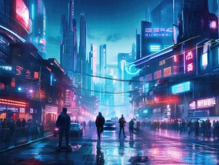 futuristic fantasy scene where a skilled warrior engages in a high-tech battle against robotic adversaries, set in a sprawling cyberpunk cityscape