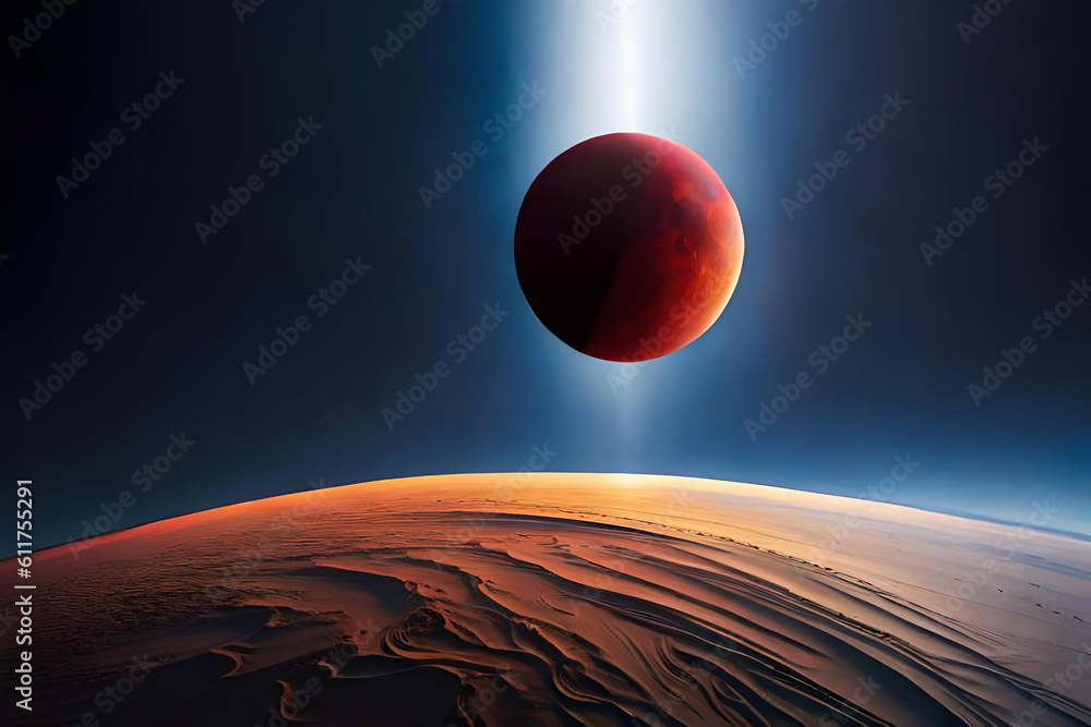 Poster a lunar eclipse with the earth casting a shadow on the moon's surface
