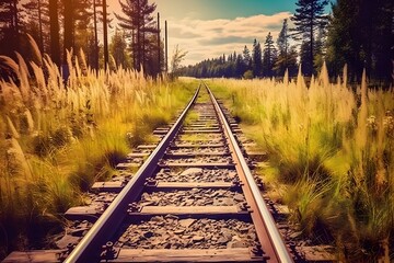 Fototapeta na wymiar railroad track through prairie grass. generative AI illustration.