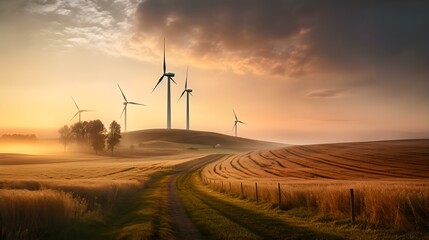 Sunset View of Wind Turbines on a Field