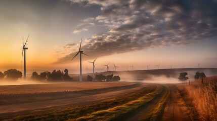 Obraz premium Sunset View of Wind Turbines on a Field