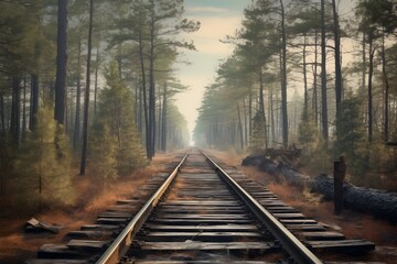 Fototapeta premium railway in the forest. generative AI illustration.