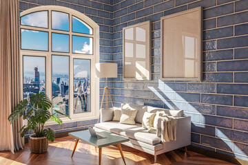 luxurious loft apartment with arched window and panoramic view over urban downtown; noble interior living room design mock up; 3D Illustration