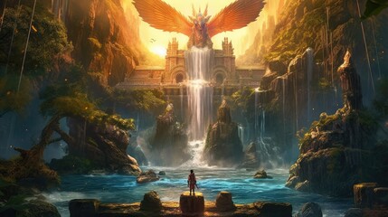 a mesmerizing fantasy scene where a valiant warrior clashes swords with a menacing dragon in a mythical realm, surrounded by cascading waterfalls and ancient ruins