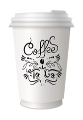 Coffee to go lettering on disposable cup. Lettering emblem quotes text. Hot street drink cardboard packaging plastic or paper cap diversity. Trendy and bright graffiti style
