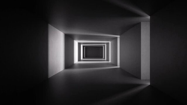 cycled 3d animation. Abstract background. Light appears and fades away. Shadows move through the empty corridor with concrete walls