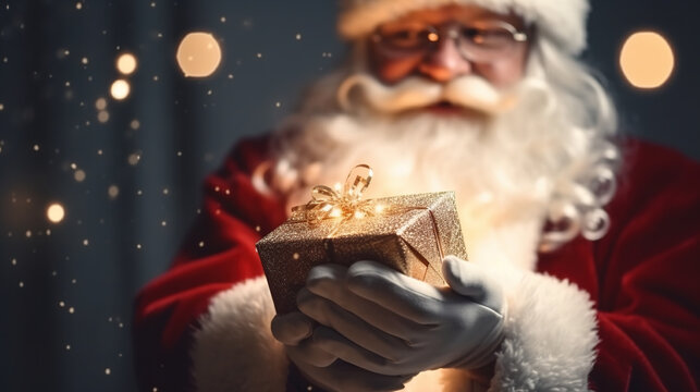 Festive Christmas gift from Santa Claus surrounded by abstract lights at night. Generative AI