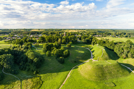 Aerial view of Kernave Archaeological site, a medieval capital of the Grand Duchy of Lithuania, tourist attraction and UNESCO World Heritage Site.
