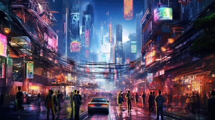 Naklejka premium the futuristic world of artificial intelligence through a captivating technological landscape illuminated by vibrant neon lights