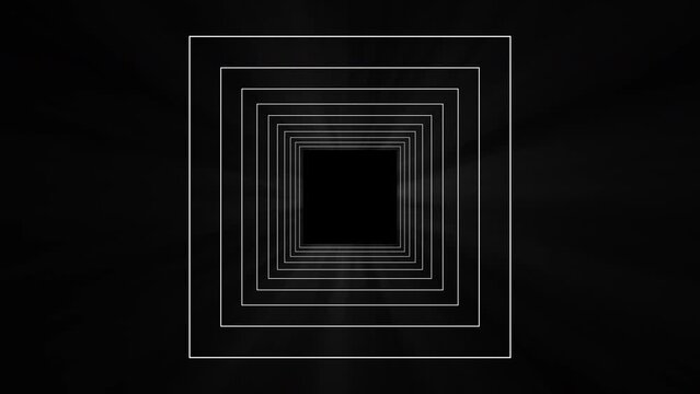 White square frame tunnel pulsating on black background with rays lights in the center. Animation illusion square light laser lines background rectangles tunnel animation. Useful for night club