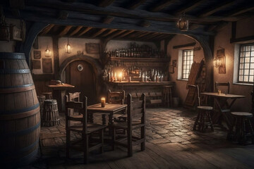 Fototapeta na wymiar A dim view of a medieval tavern