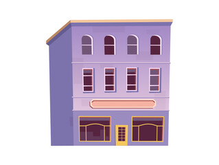 Purple historic old house with windows and shop on the ground floor in cartoon style. High-rise building on a white background.