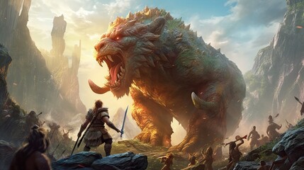 Embark on an epic fantasy adventure into a realm of mythical creatures, where brave warriors engage in awe-inspiring battles against legendary beasts generated AI