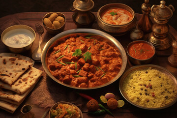 Traditional indian dishes, view from above. Top view of assorted indian cuisine food. Created with Generative AI