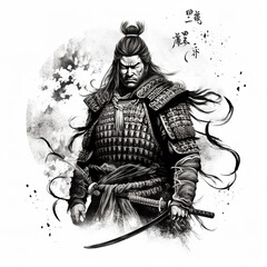 samurai tattoo linework grey black japan menacing