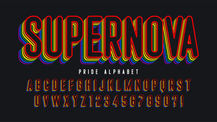 Original display rainbow font design, alphabet, letters and numbers.