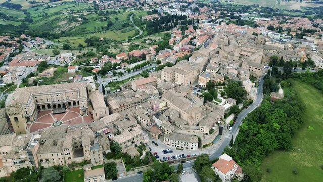 italy, june 2023 - aerial view of the medieval village of Recanati in the province of Macerata in the Marche region. The town was the birthplace of the pessimistic poet Giacomo Leopardi