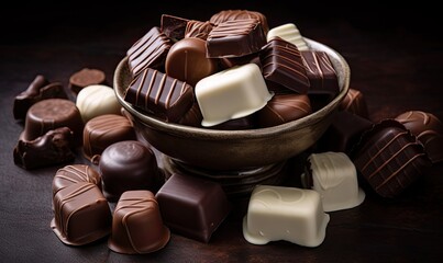 Assortment of fine chocolates in white, dark, and milk chocolate and a bowl of melted chocolate,...