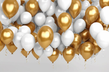 fliegende goldene und wei&szlig;e Ballons auf hellem Hintergrund. Querformat. Generative Ai.
