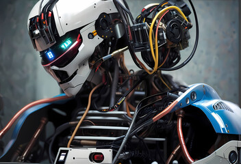 Fototapeta premium a robot artificial intelligence, cyborg, android, AI, Neural networks, Digital Twin, human-machine interfaces, wires face, computer head, Ai-Mitsu, cybernetics, cyberpunk art, future human, humanity