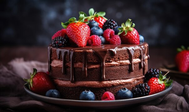 Chocolate cake with berries, generative AI