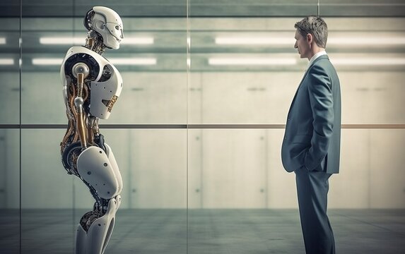 AI vs Human, robot and a man watching each other

