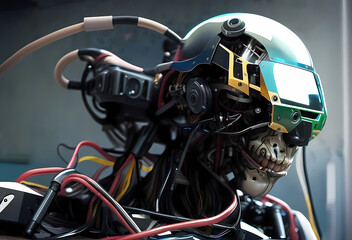 Fototapeta premium a robot artificial intelligence, cyborg, android, AI, Neural networks, Digital Twin, human-machine interfaces, wires face , computer head, Ai-Mitsu, cybernetics, cyberpunk art, future human, humanity