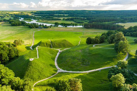 Aerial view of Kernave Archaeological site, a medieval capital of the Grand Duchy of Lithuania, tourist attraction and UNESCO World Heritage Site.