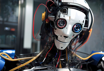 Fototapeta premium a robot artificial intelligence, cyborg, android, AI, Neural networks, Digital Twin, human-machine interfaces, wires face , computer head, Ai-Mitsu, cybernetics, cyberpunk art, future human, humanity