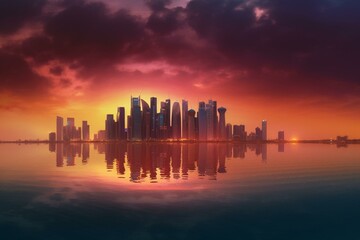 Fototapeta na wymiar Beautiful digital art of dawn in Doha with warm colors casting a glow over the city. Generative AI