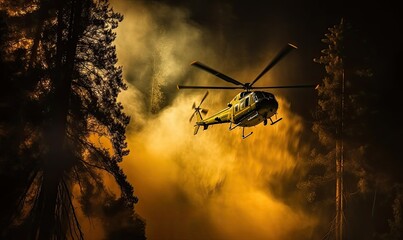 Firefighters extinguish a forest fire with a helicopter at night, generative AI