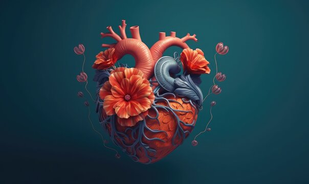Heart flower, human brain as flower, digital art style, generative AI
