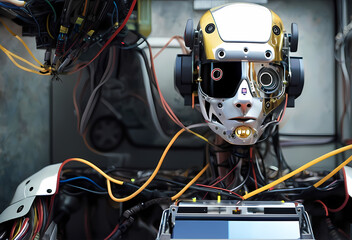a robot artificial intelligence, cyborg, android, AI, Neural networks, Digital Twin, human-machine interfaces, wires face , computer head, Ai-Mitsu, cybernetics, cyberpunk art, future human, humanity