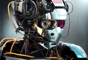 Obraz premium a robot artificial intelligence, cyborg, android, AI, Neural networks, Digital Twin, human-machine interfaces, wires face , computer head, Ai-Mitsu, cybernetics, cyberpunk art, future human, humanity