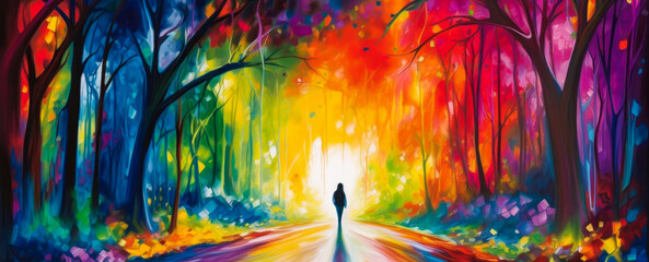 Person stands in colorful path through lush forest, representing creating own vibrant adventure. Innovative image reflects concept of forging own colorful journey. Generative AI
